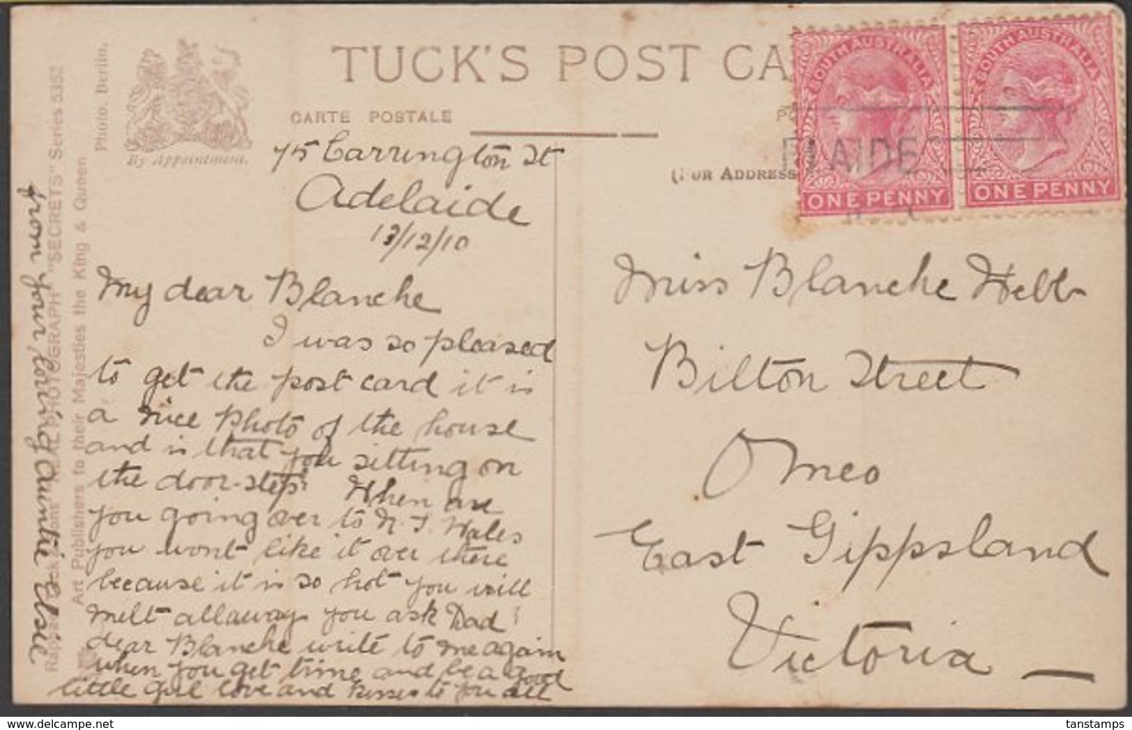 SOUTH AUSTRALIA - VICTORIA 1910 RP POSTCARD 2d RATE - Covers & Documents