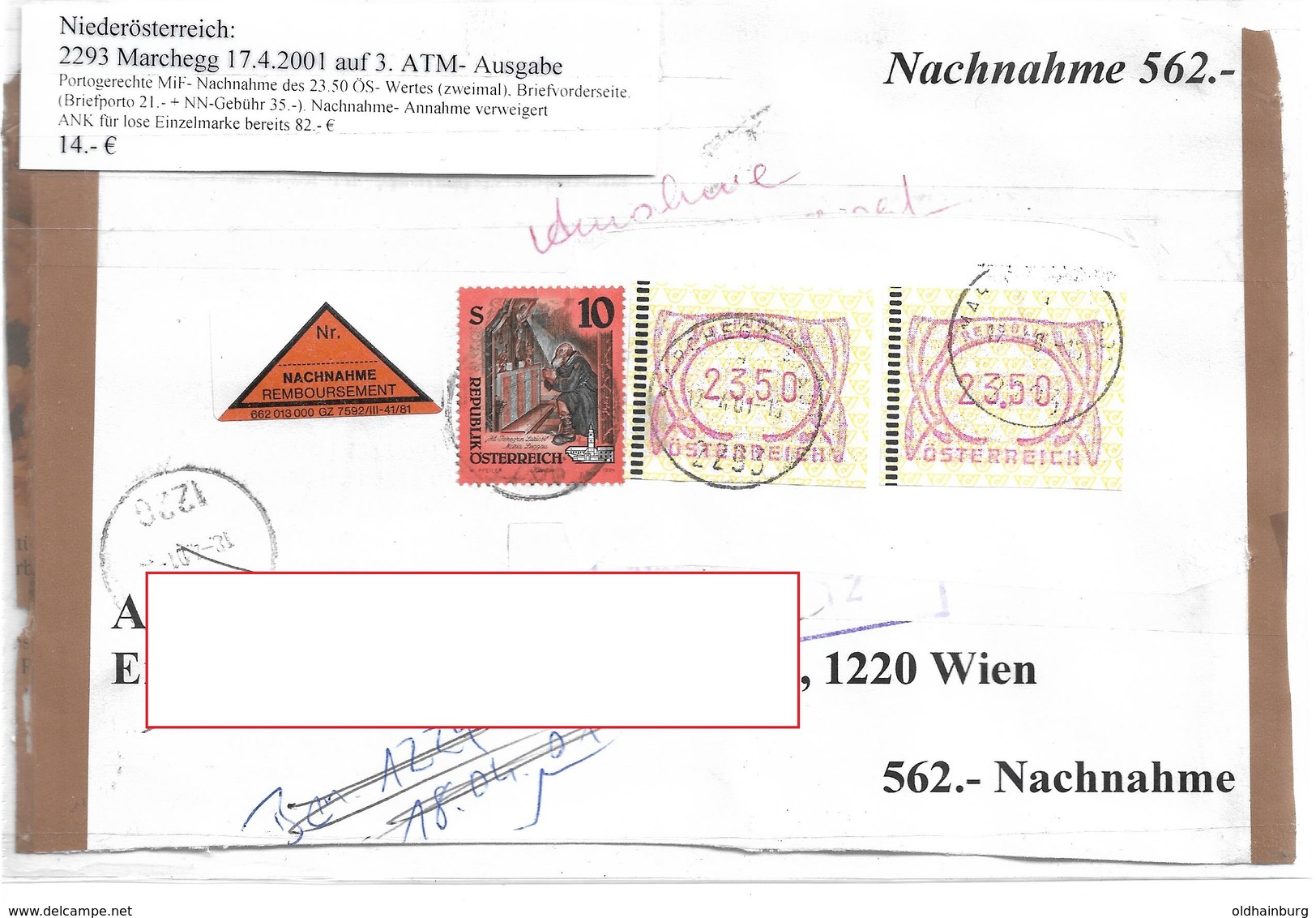 3099n: Heimatbeleg 2293 Marchegg 17.4.2001, Nachnahme- Briefvorderseite - Gänserndorf
