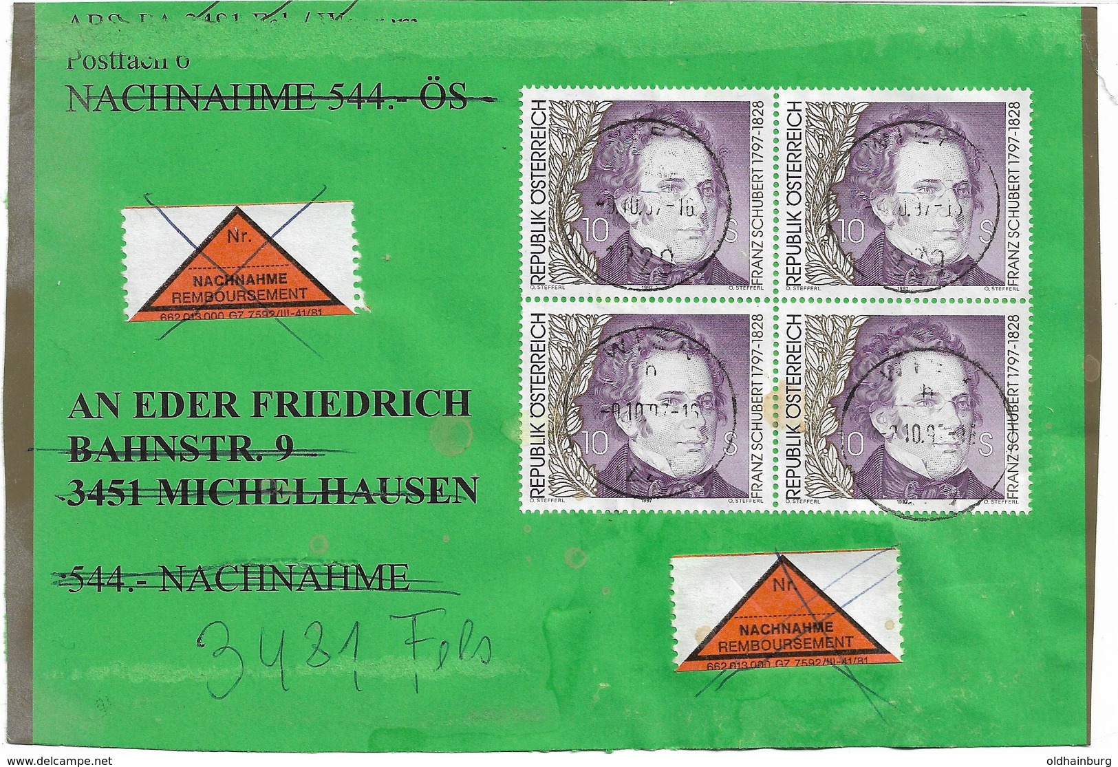 3099a: Österreich Franz Schubert, 40.- ÖS Nominal, Gestempelt 1997 Auf Nachnahmebrief- Vorderseite, RR - Musik