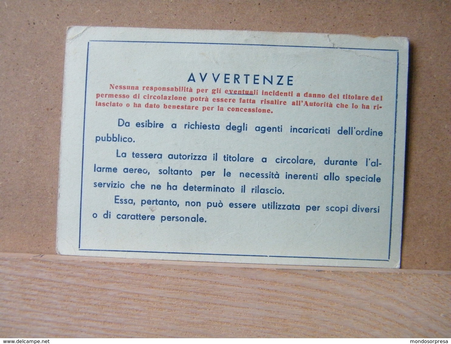 MONDOSORPRESA, TESSERA LIBERA CIRCOLAZIONE DURANTE GLI ALLARMI AEREI - GUERRA  - 1944 - Other & Unclassified