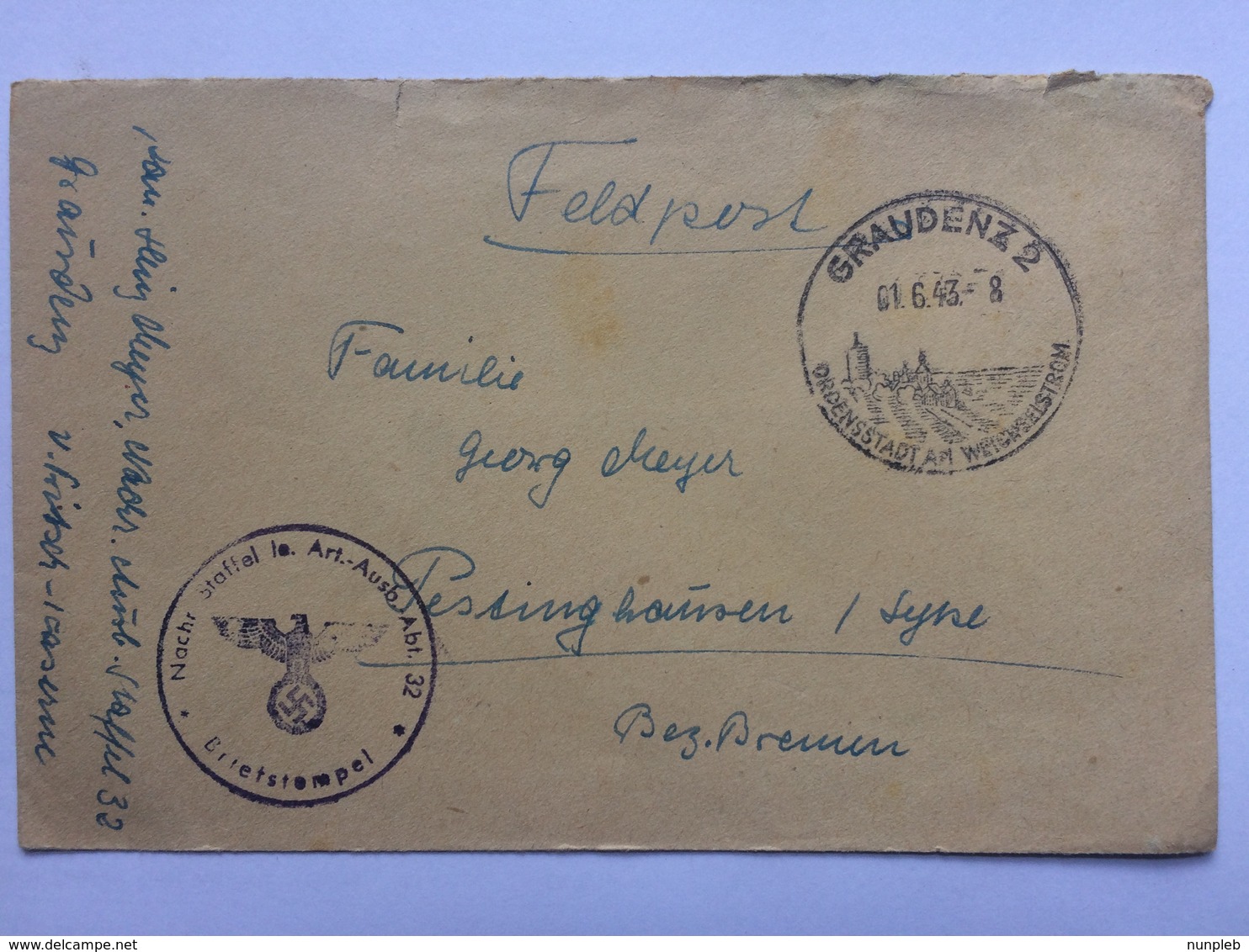 GERMANY 1943 Feldpost Cover Graudenz To Bremen With `Nachr Staffel Le. Art. Ausb. Abt. 32` Cachet With Sonderstempel - Lettres & Documents