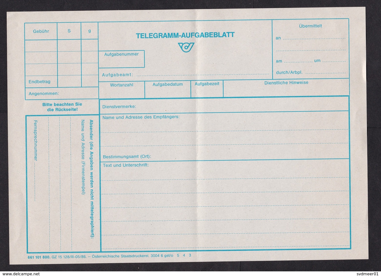 Austria: Telegramme Form, 1986, Unused, Telegram, Cable (fold) - Telegraaf