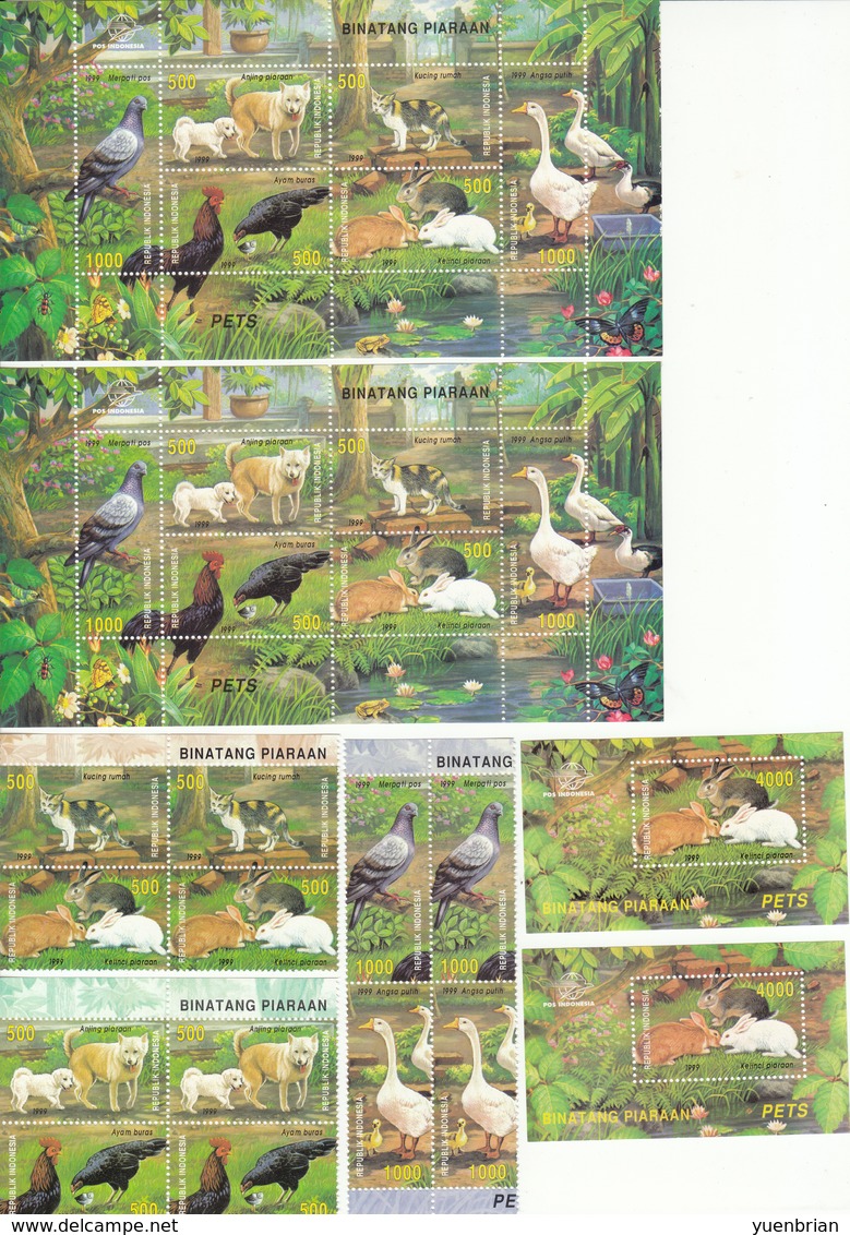 INDONESIA 1999 Pets, Bird, Birds, 2x Set Of 6v + M/S + S/S, MNH** - Indonésie