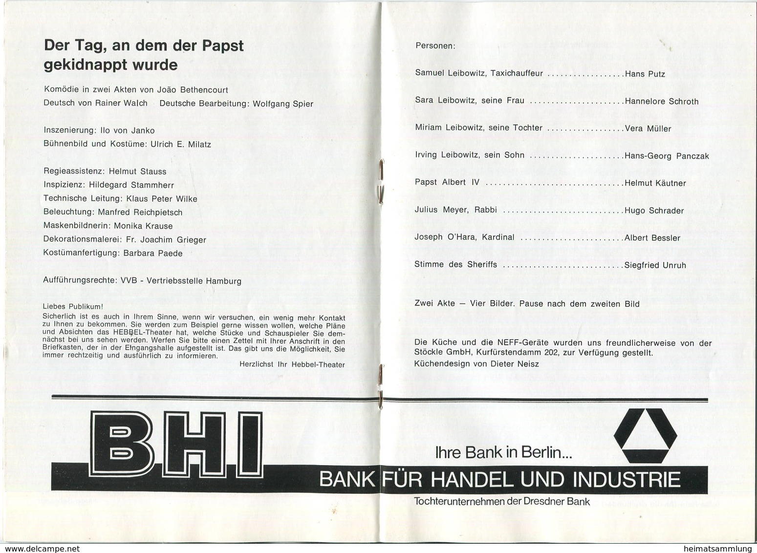 Theaterprogramm - Hebbel-Theater Berlin 1973 - Leitung Hela Gerber-Külüs - Komödie "Der Tag, An Dem Der Papst Gekidnappt - Sonstige & Ohne Zuordnung