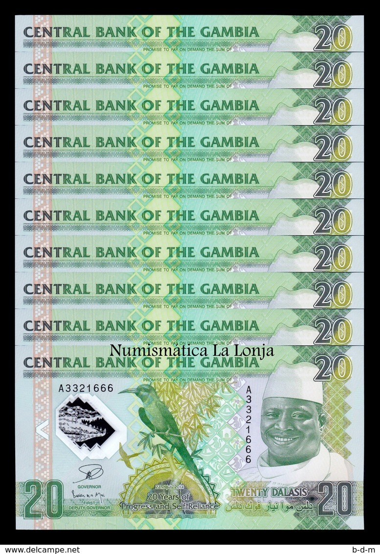 Gambia Lot Bundle 10 Banknotes 20 Dalasis 2014 Pick 30 Polymer SC UNC - Gambia