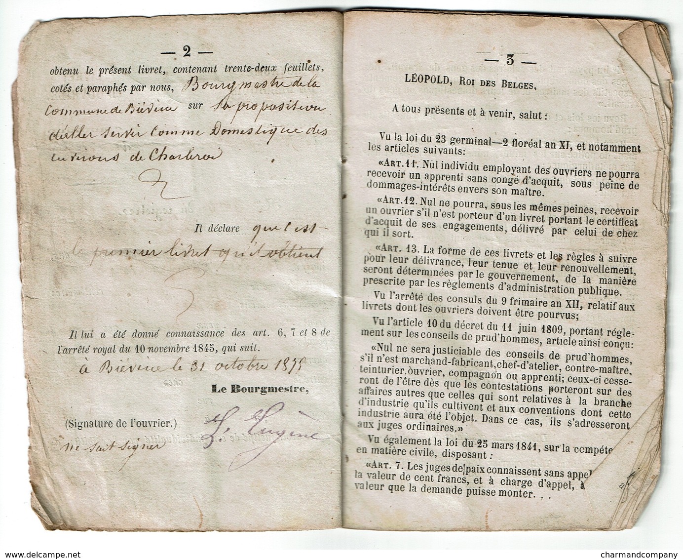 Livret D'ouvrier - Félix Pierre Joseph à Biéviene - 4 Scans - Documents Historiques