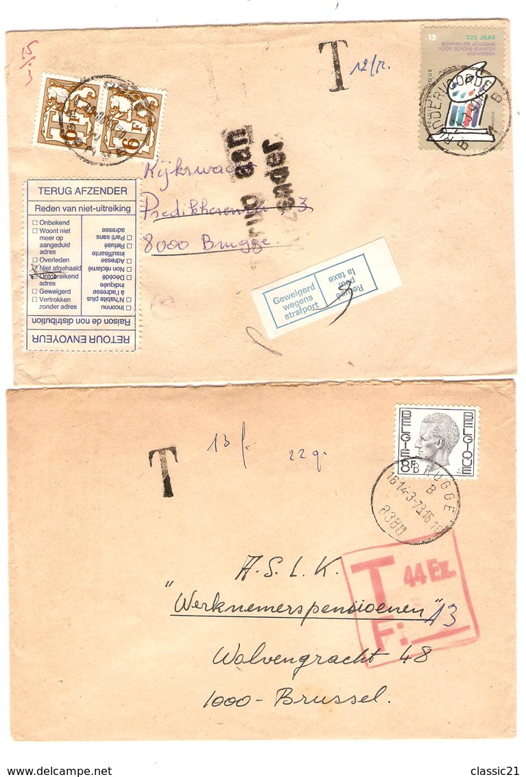 3132/ 2 Lettres Taxées 1 Brugge 1973 & Rudervoorde 1990 Griffe T T 44 Ex F 13 & TTx 78(2) C.Brugge Etiq.geweigerd Terug - Covers & Documents