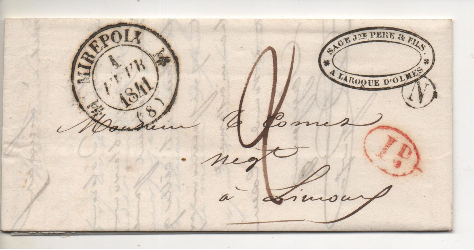 Cachet Rural "N" Pour LARROQUE D'OLMES (Ariège) Avec Poste De MIREPOIX Et Décime Rural, 1 Février 1841 - 1801-1848: Précurseurs XIX