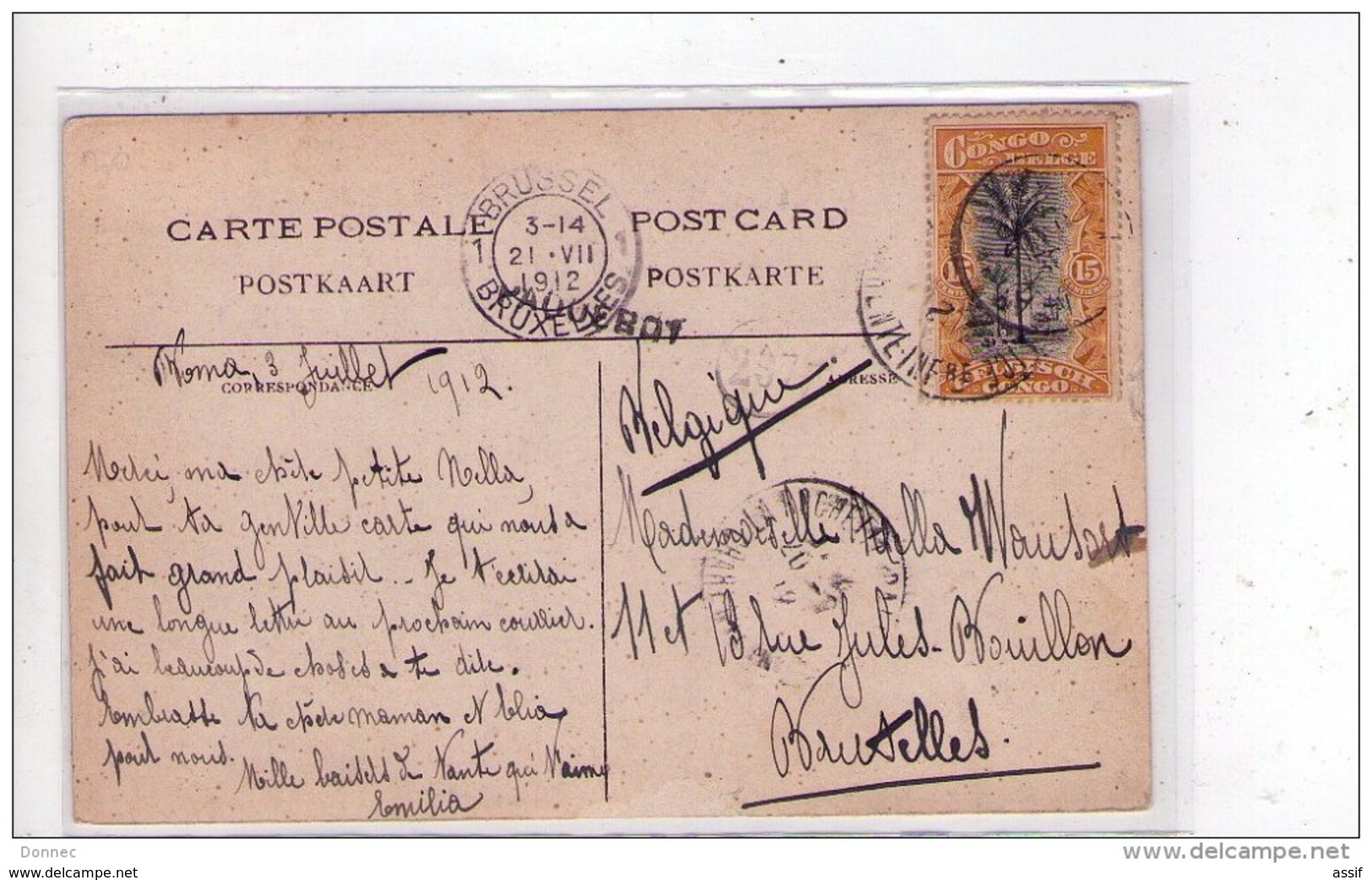 CONGO BELGE, 15 Centimes, CP écrite Boma 1912 , Griffe " Paquebot " ( Cachet La Rochelle ), CP Cie Belge Maritime - Used Stamps