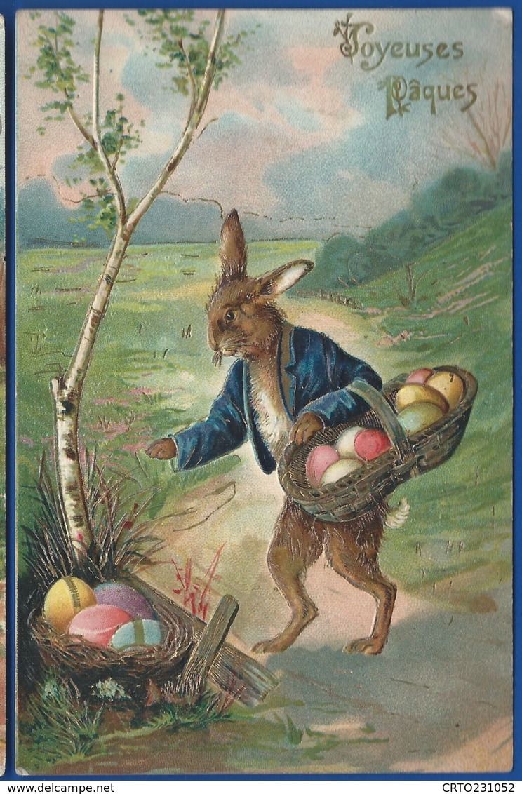 Lapin Portant  Un Panier D'Oeufs     Joyeuses Pâques    Carte En Relief - Pâques