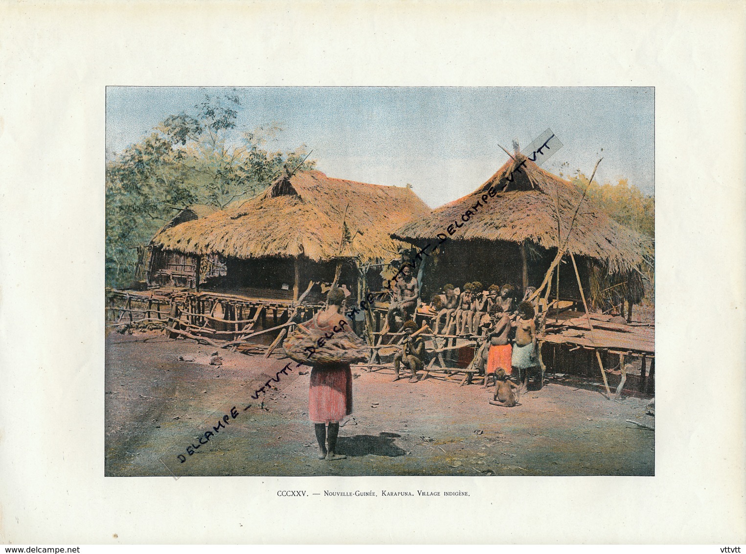 Document (1880) : Nouvelle-Guinée, Karapuna, Village Indigène, Photographie Aquarellée (Aquarelle), Souvenir De Voyage - Papua New Guinea