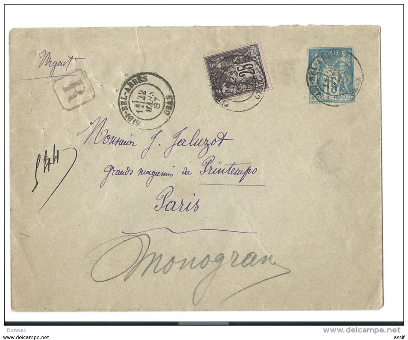 ENTIER POSTAL TYPE SAGE 15 C ENV 147 X 112 CACHET SIDI BEL ABBES ORAN 1887 RECOMMANDE PARIS CAD ROUGE - Otros & Sin Clasificación