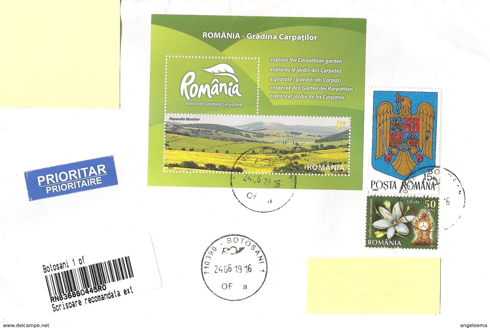 ROMANIA - 2019 Lettera Raccomandata Per L'estero Con Foglietto 2010 Giardino Dei Carpazi + Altri 2 Francobolli - 4587 - Storia Postale