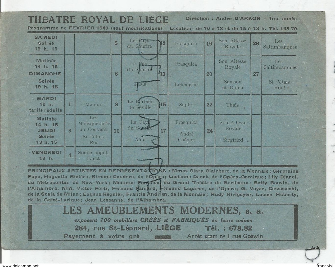 Programme Du Théâtre Royal De Liège De Février 1949. Avec Clara Clairbert. - Programmes