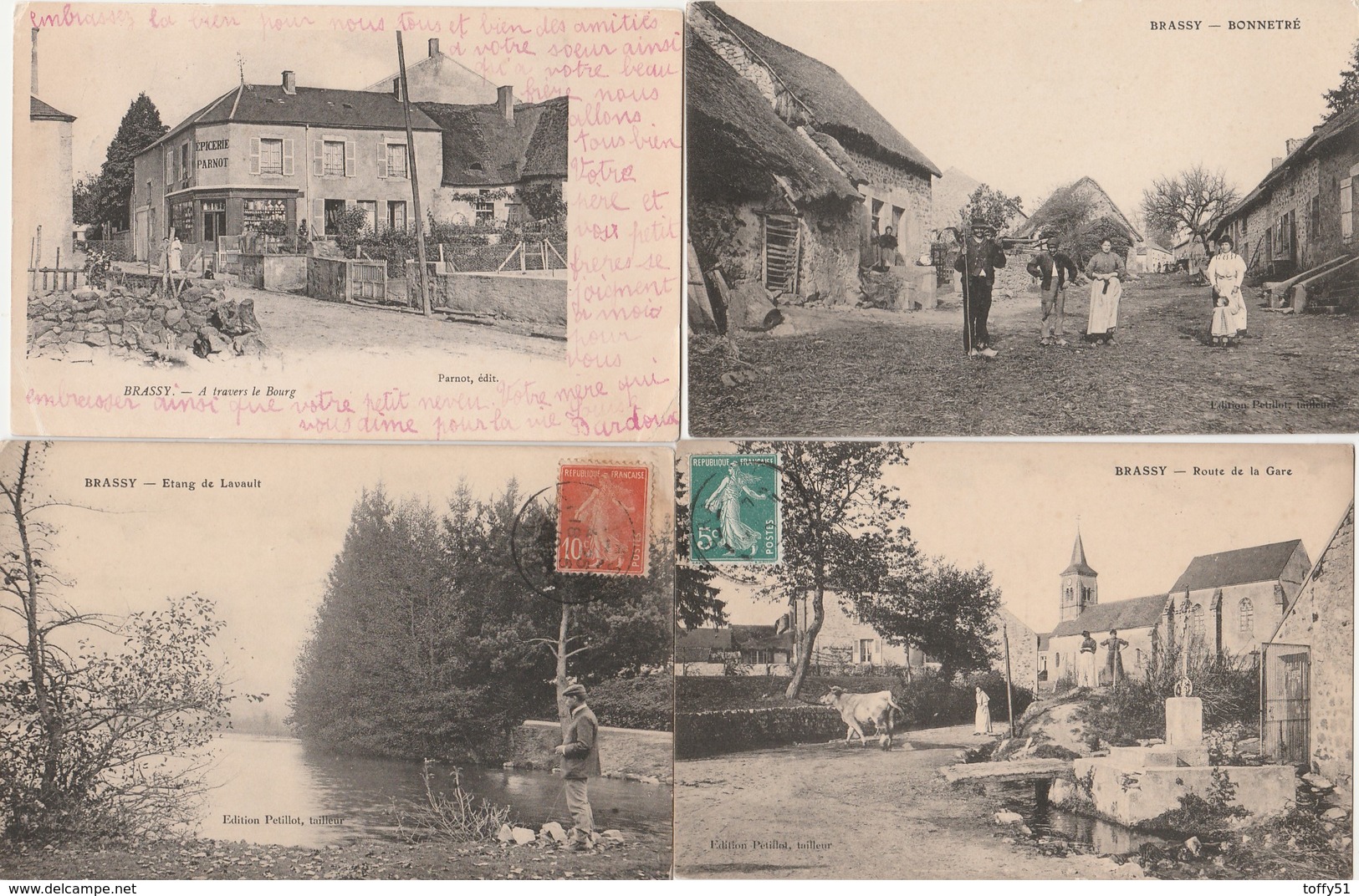 4 CPA:BRASSY (58)BONNETRÉ,ROUTE DE LA GARE,ÉPICERIE PARNOT,HOMME ÉTANG DE LAVAULT...ÉCRITES - Autres & Non Classés