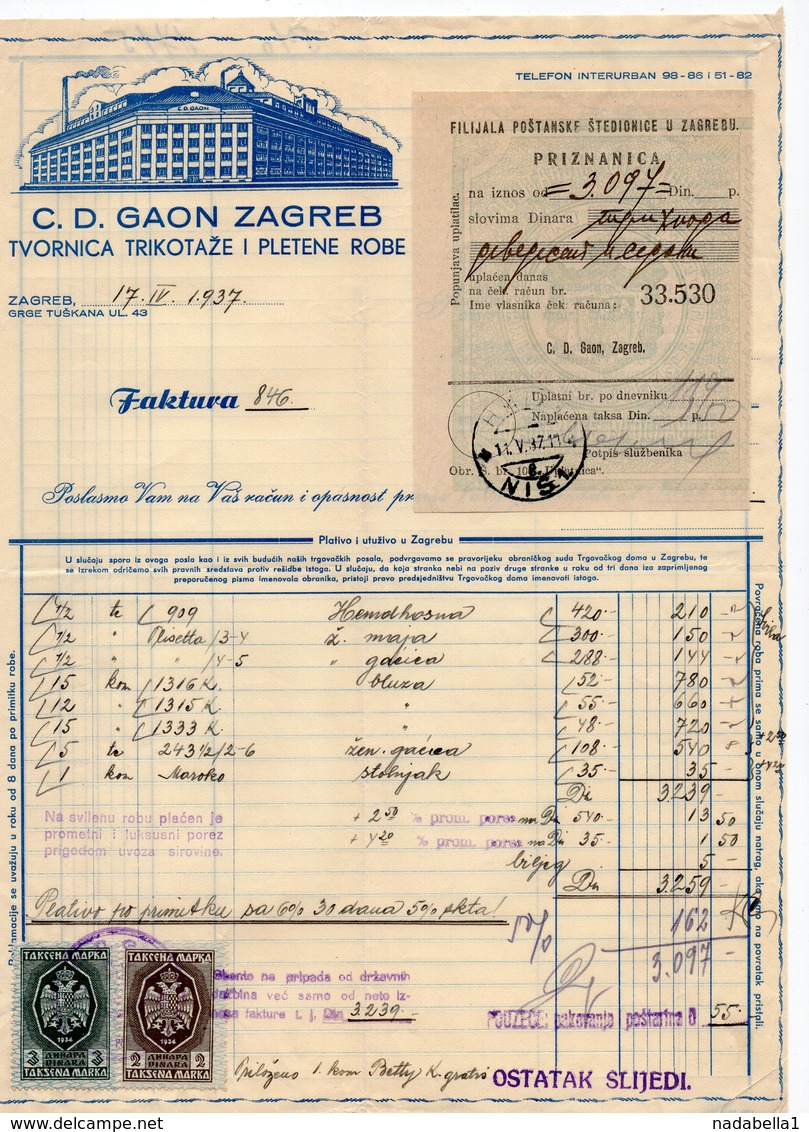 1937 YUGOSLAVIA, CROATIA, ZAGREB,C.D. GAON, TEXTILE FACTORY, INVOICE ON LETTERHEAD, RECEIPT, 2 FISKAL STAMPS - Other & Unclassified