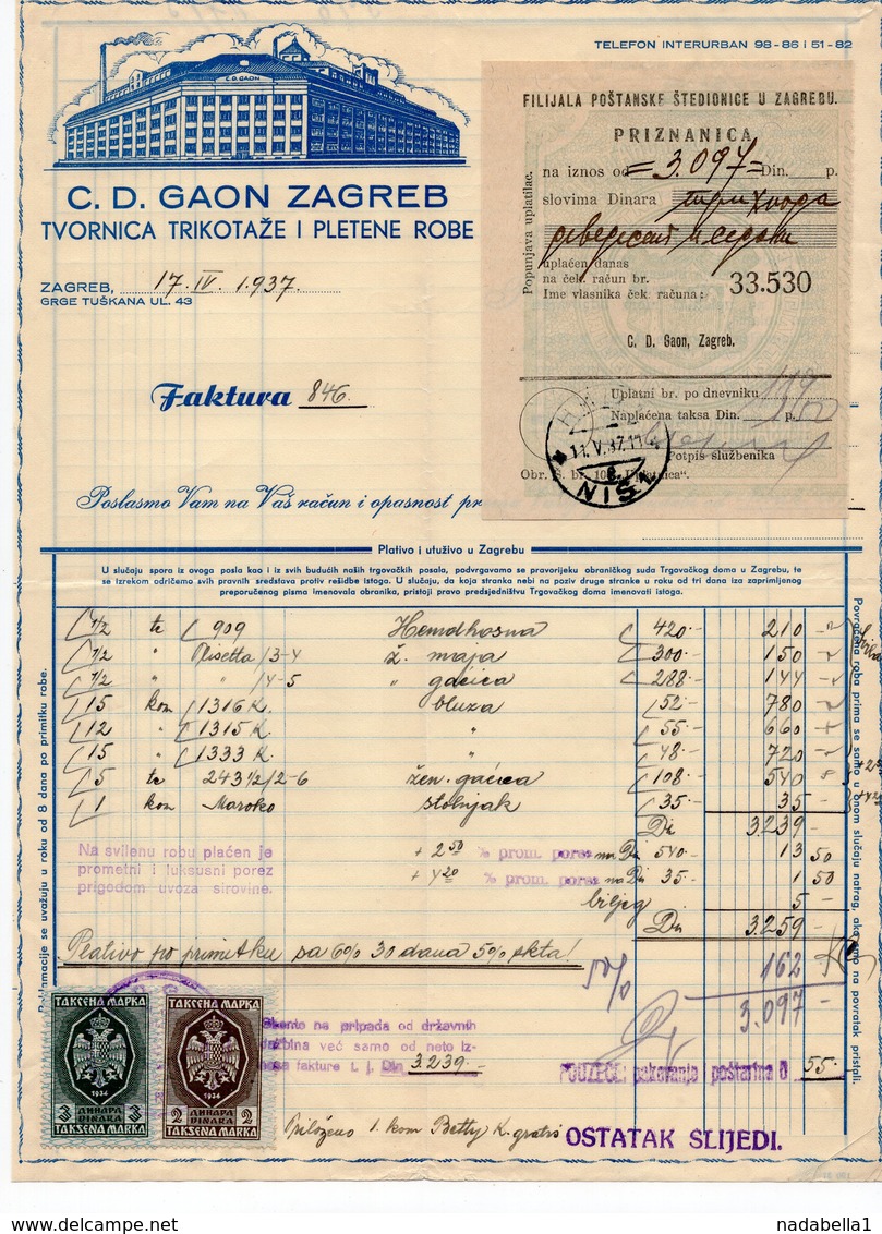 1937 YUGOSLAVIA, CROATIA, ZAGREB,C.D. GAON, TEXTILE FACTORY, INVOICE ON LETTERHEAD, RECEIPT, 2 FISKAL STAMPS - Other & Unclassified