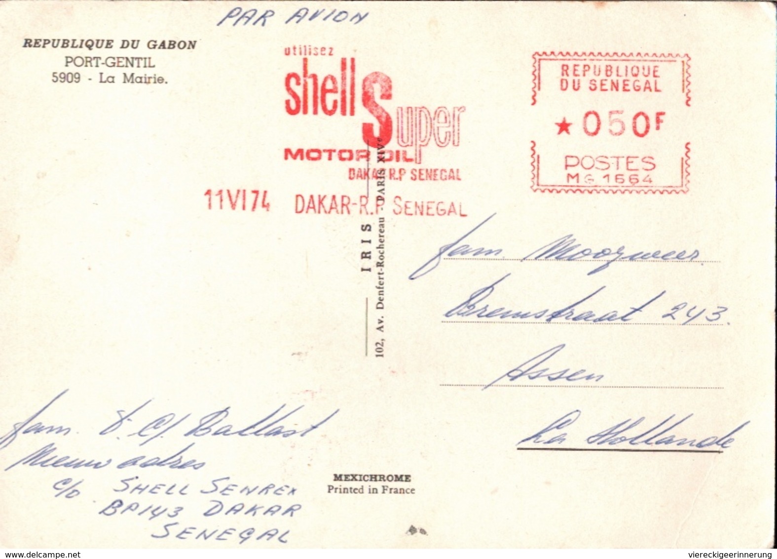 !  1974 Postcard , Port Gentil, Gabon, Freistempel Dakar, Senegal, Shell Super Motor Oil, Cachet Francotype Meter Cancel - Senegal (1960-...)