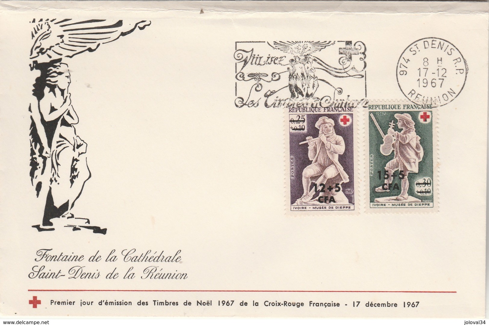 REUNION FDC  Yvert 378 Et 379 Paire Croix Rouge Cachet Flamme St Denis 17/12/1967 - Enveloppe Pliée En Haut - Lettres & Documents