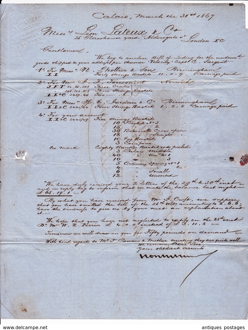 Lettre Calais 1867 Port Dû London Londres England Paire Napoléon III Léon Lateux & Cie - 1862 Napoléon III