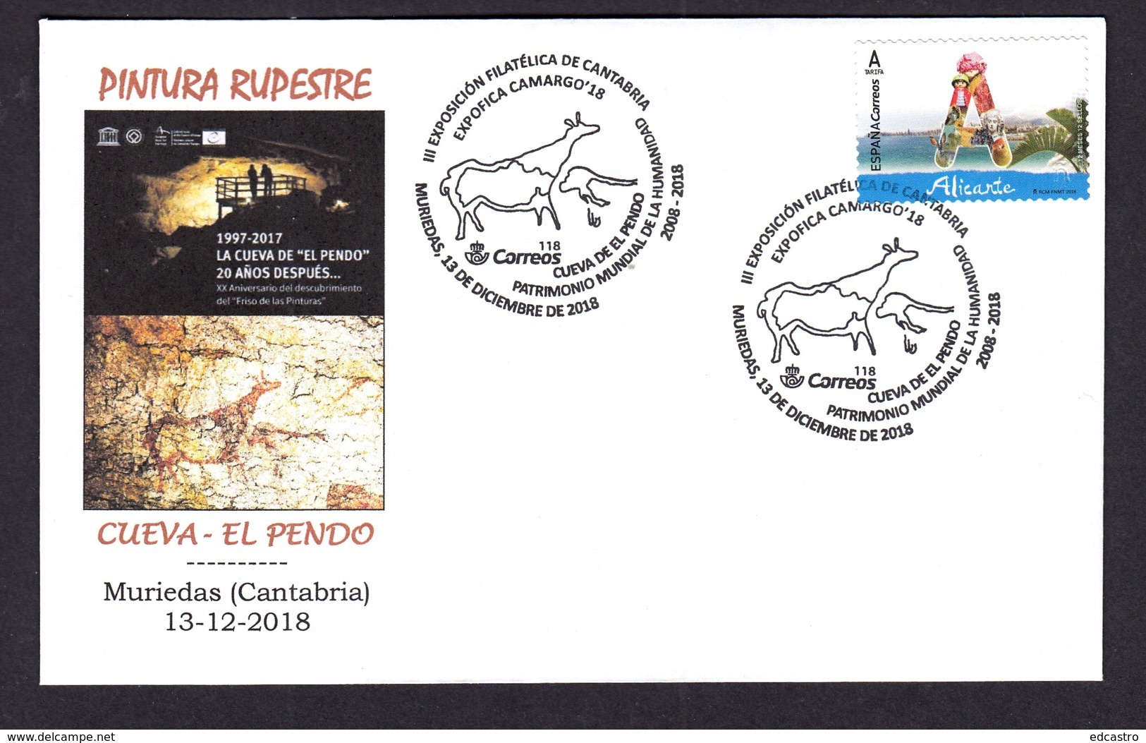 15.- SPAIN ESPAGNE 2018 SPECIAL POSTMARK ROCK ART PREHISTORY EL PENDO CAVE - MURIEDAS CANTABRIA - Arqueología