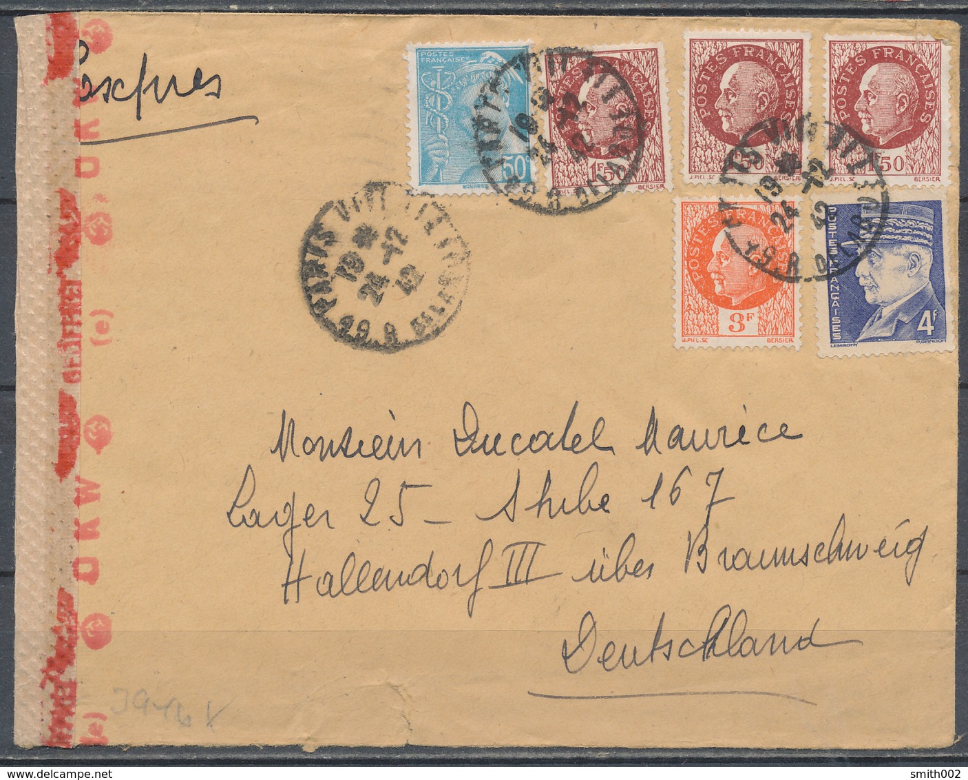 FRANCE - 24.12.1942, Cover From PARIS To HALLENDORF, Lager 25, Germany, Censored - 1921-1960: Période Moderne