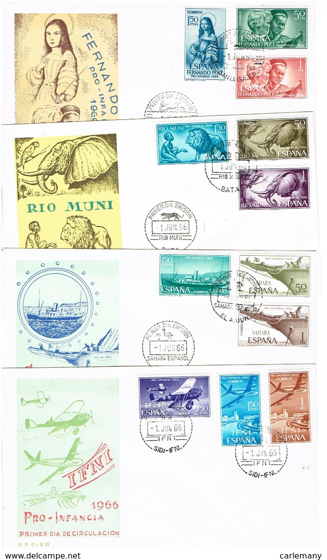 4 FDC COLONIES ESPAÑA 1966 (aVIONES-BARCOS-ANIMALES-PRO INF. - Fernando Po