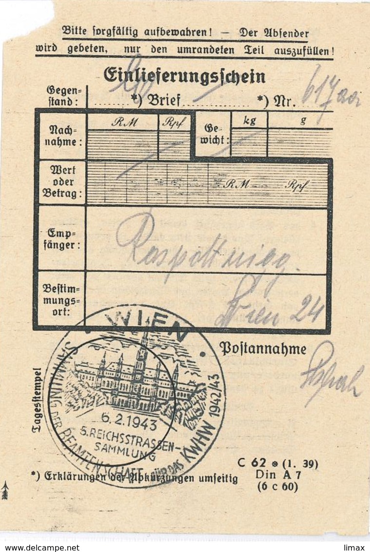 Einlieferungsschein Wien 1943 KWHW Reichsstrasse Sammlung Beamtenschaft - Briefe U. Dokumente