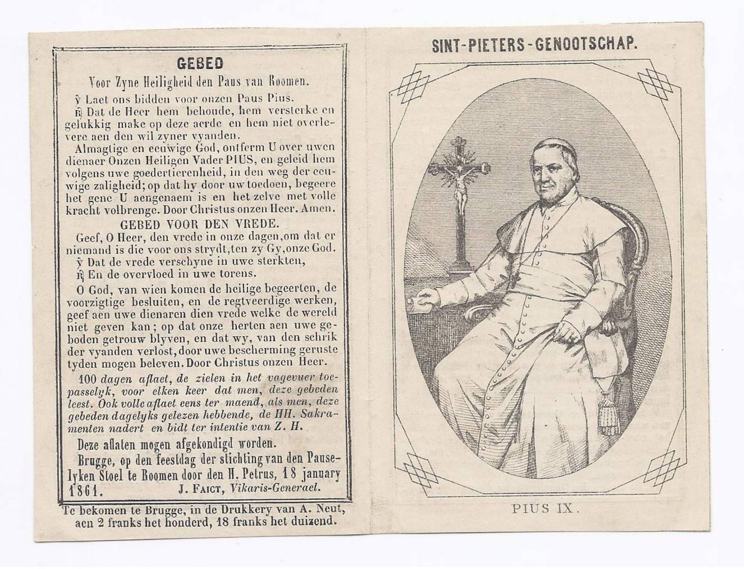 1861 BRUGGE SINT-PIETERS-GENOOTSCHAP PAUS PIUS IX Santini Image Pieuse Holy Card - Devotieprenten