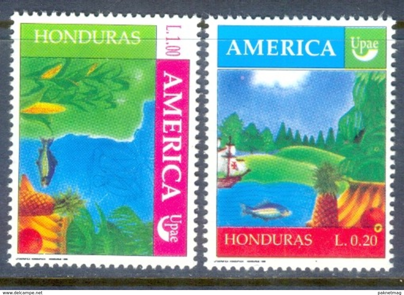 D62- Honduras, Stamp AMERICA UPAE 1990, Corn, Fish, Fruits, Par. - Fishes
