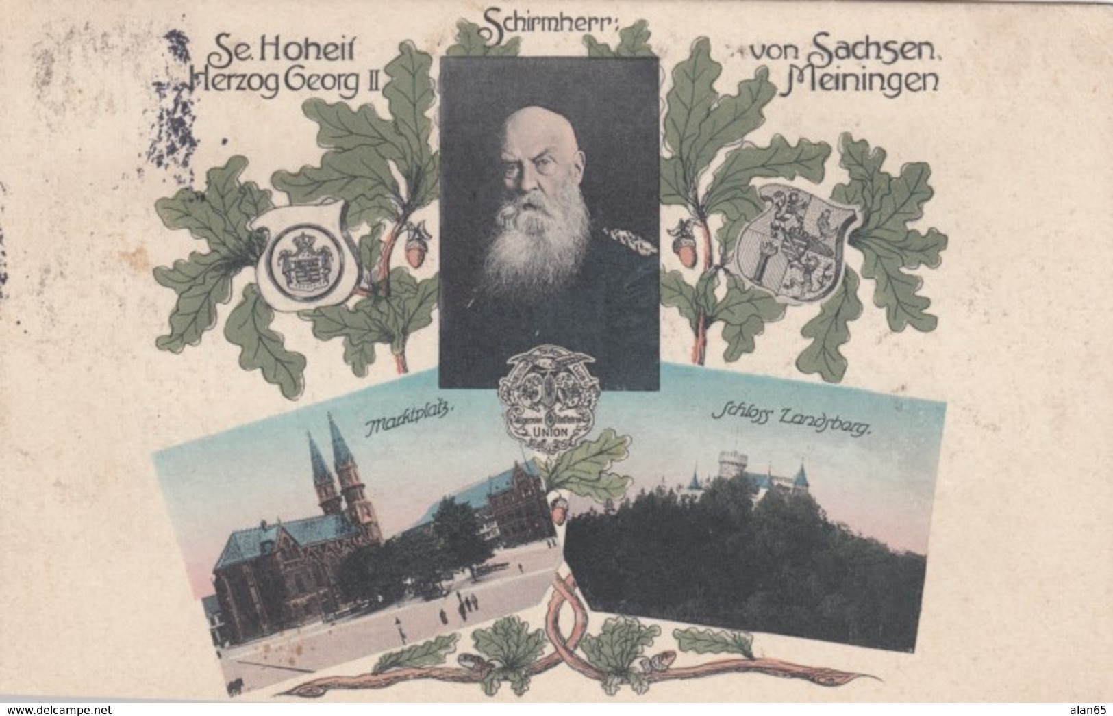 Meiningen Germany, King George II, View Of Market Square, Schloss Landsberg, C1910s Vintage Postcard - Meiningen