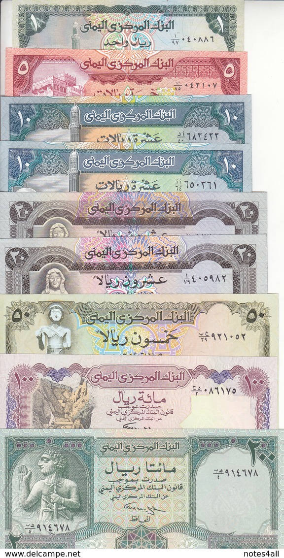 YEMEN 1 5 10 20 50 100 200 250 500 1000 RIAL 1983 2017 P-28 29 34 36 SET LOT 12 UNC NOTES - Jemen