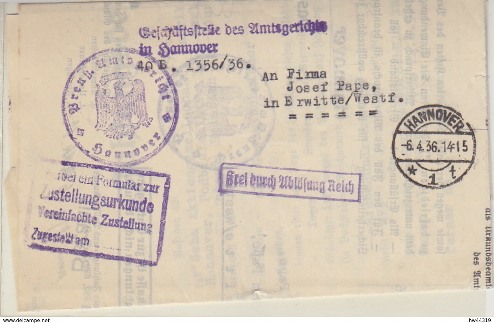 Brief Der Geschäftsstelle Des Amtsgericht In HANNOVER 6.4.36 Rs. Vignette - Briefe U. Dokumente