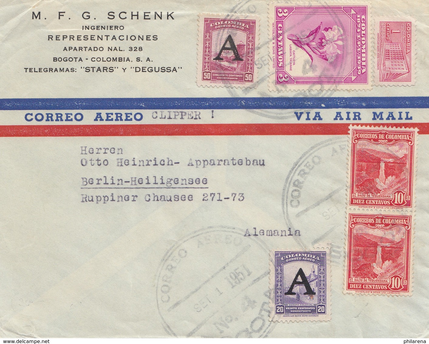 Colombia 1951: Air Mail- Clipper- Bogota To Berlin-Heiligensee - Colombia