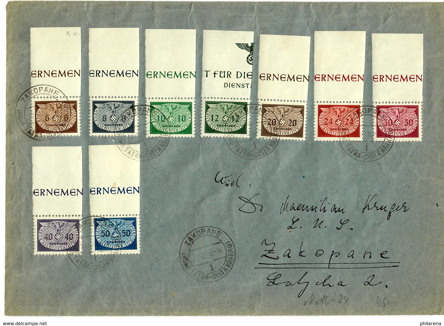 Generalgouvernement GG MiNr. Dienst D16-24, Oberrand, Auf Brief, Zakopane - Occupation 1938-45