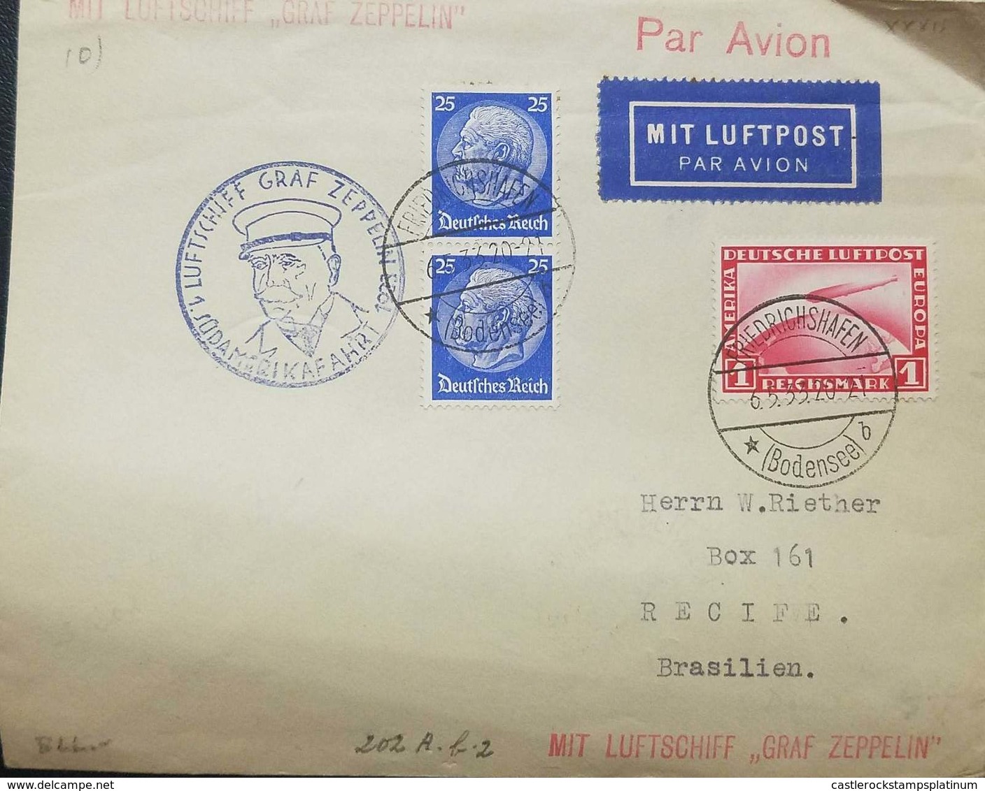 O) 1933 GERMANY, GRAF ZEPPELIN CROSSING OCEAN - SC  C35 1m, PRES. VON HINDENBURG SC 395, NICE CANCELLATION FERDINAND VON - Other & Unclassified