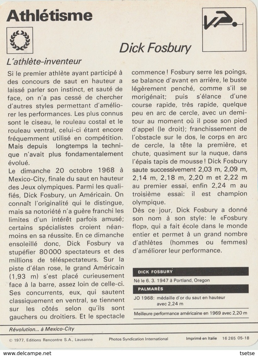 Athlétisme/Atletica/Athletics Trading Card/ Fiche Photo - Dick Fosbury ( US ) , 16x12cm, 1977 Ed. Rencontre,Lausanne - Athlétisme