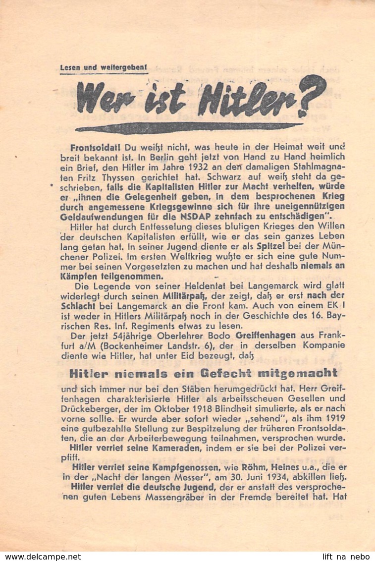 WWII WW2 Flugblatt Tract Leaflet Soviet Propaganda Against Germany  CODE 1932 - 1939-45