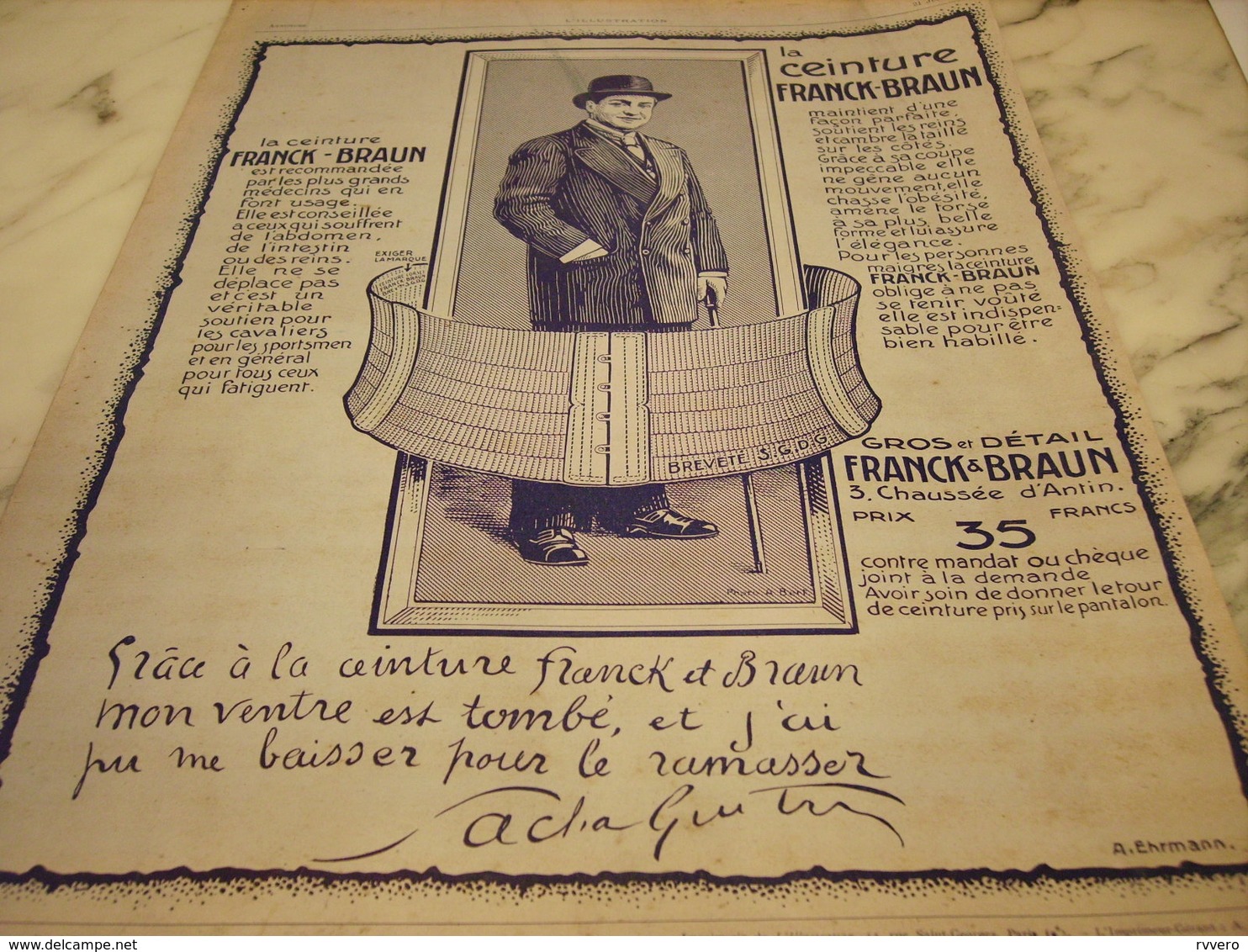 ANCIENNE PUBLICITE CEINTURE DE FRANCK ET BRAUN  SIGNE SACHA GUITRY  1913 - Posters
