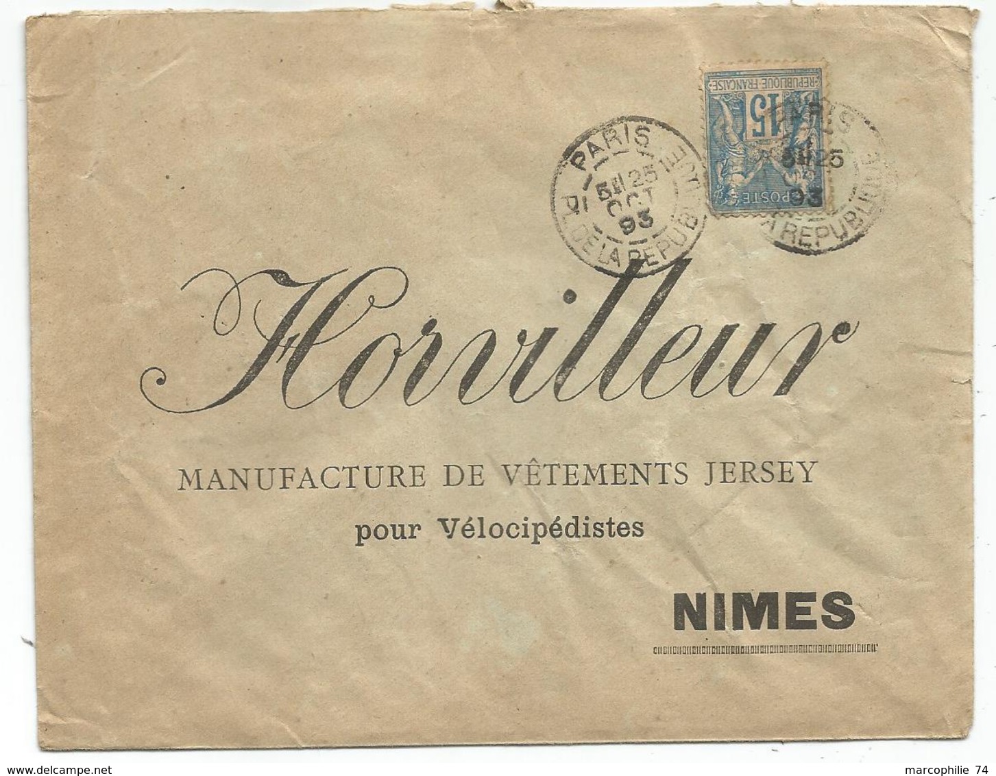 SAGE 15C PARIS 1893 E DE LA REPUBLIQUE ENVELOPPE AU DOS ILLUSTRATION LE VELO - 1877-1920: Période Semi Moderne