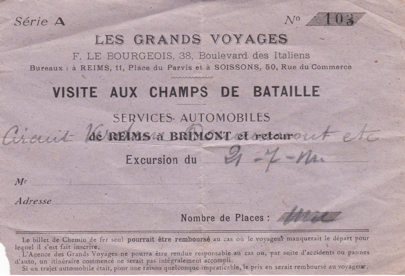 LES GRANDS VOYAGES ,,visite Aux Champs De Batailles Avec "" Services Automobiles "" (lot14) - Tickets D'entrée