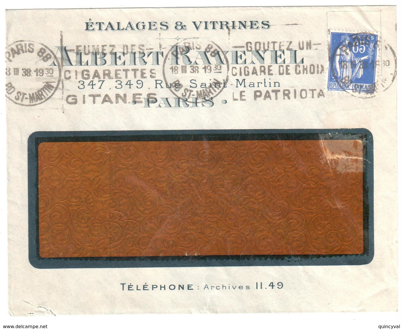 PARIS 8 Bd St Martin Lettre Entête Etalage Vitrine RAVENEL 65c Paix Bleu Yv 365 Ob 1938 Meca B088106 Fumez Cigare Gitane - Cartas & Documentos