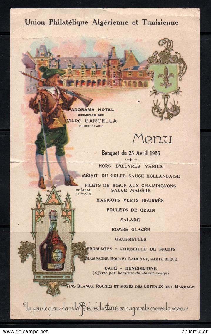 MENU UNION PHILATELIQUE ALGERIENNE ET TUNISIENNE 1926 - - Menu