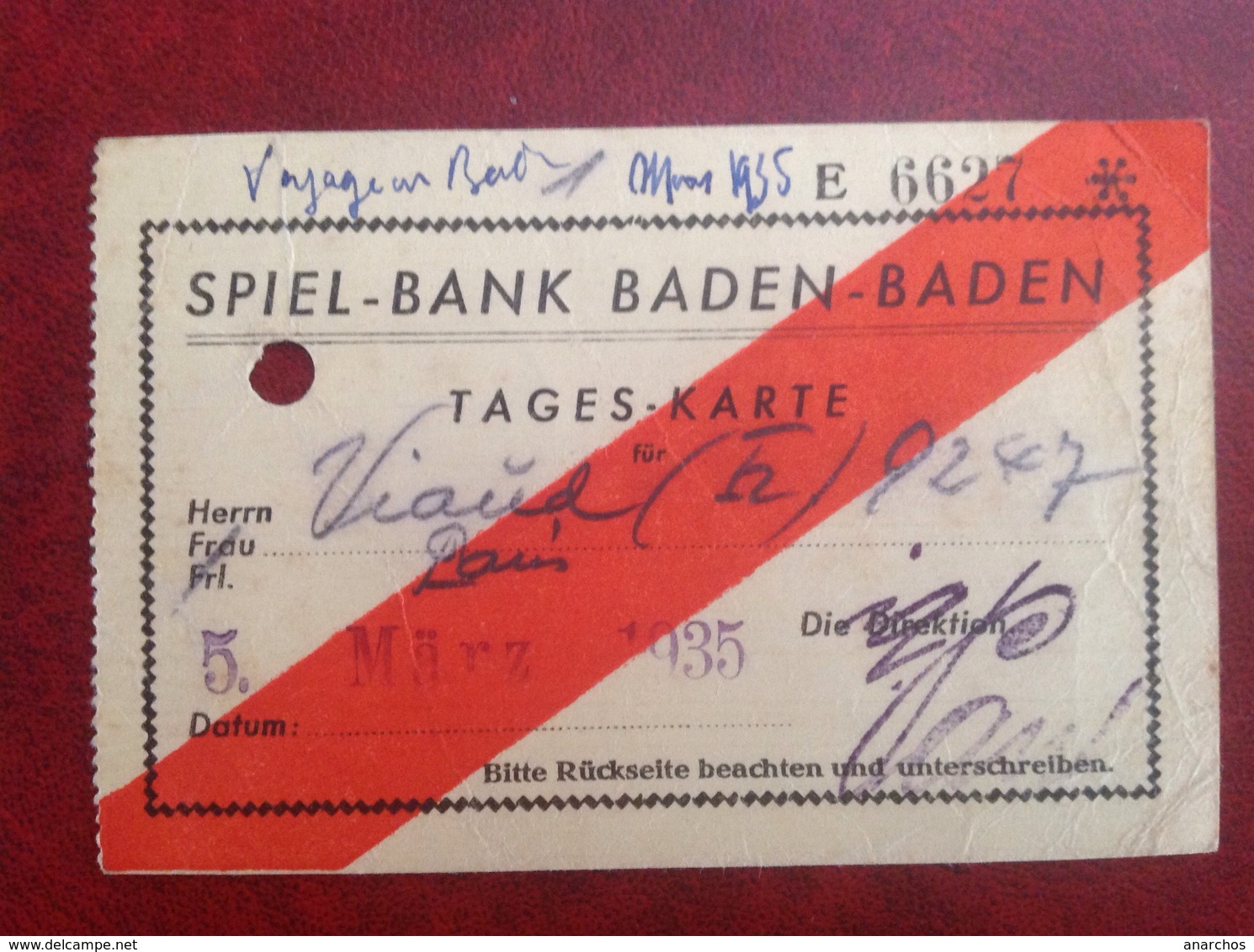 Spiel Bank Baden Baden  Viaud Consul De France 1935 - Europe