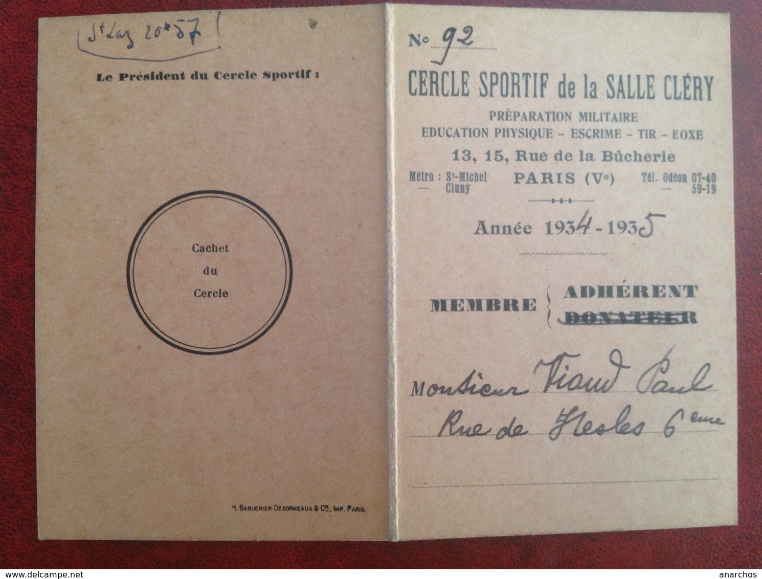 Cercle Sportif Salle Clery Paris Viaud Consul De France 1935 - Zonder Classificatie