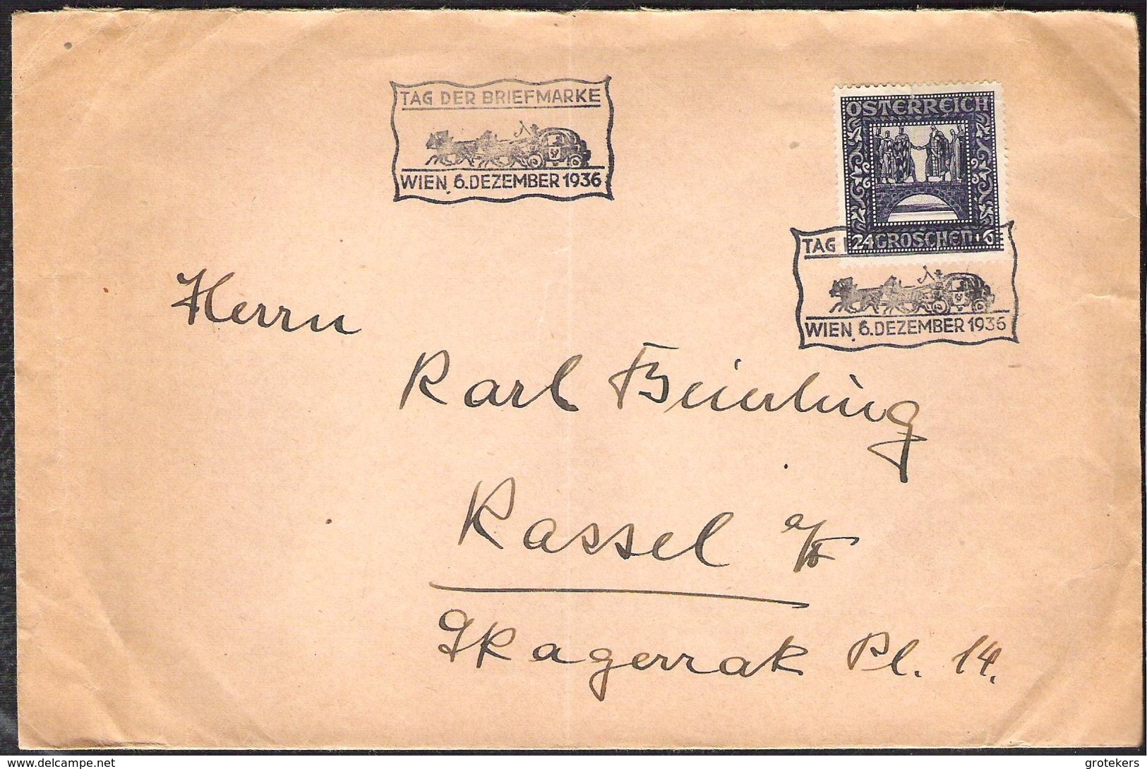Umschlag Mit Michel 492 Versanden 1936 Mit Sonderabstemplung Tag Der Briefmarke Wien 1936 - Brieven En Documenten