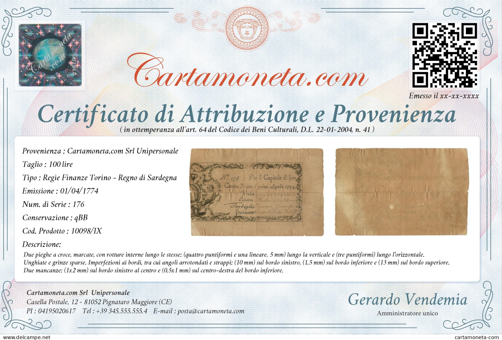 100 LIRE REGIE FINANZE TORINO REGNO DI SARDEGNA 01/04/1774 QBB - Altri & Non Classificati