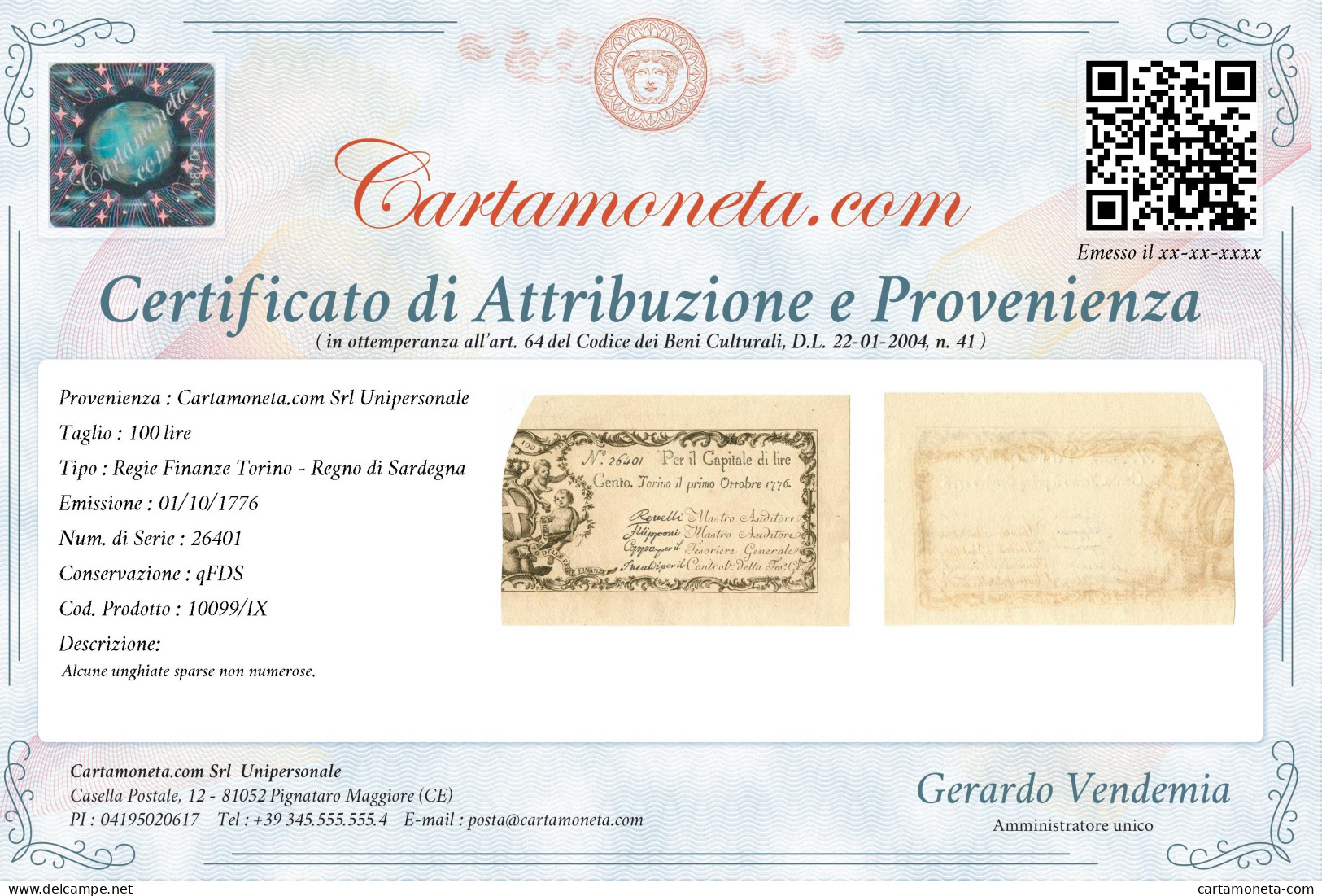 100 LIRE REGIE FINANZE TORINO REGNO DI SARDEGNA 01/10/1776 QFDS - Altri & Non Classificati