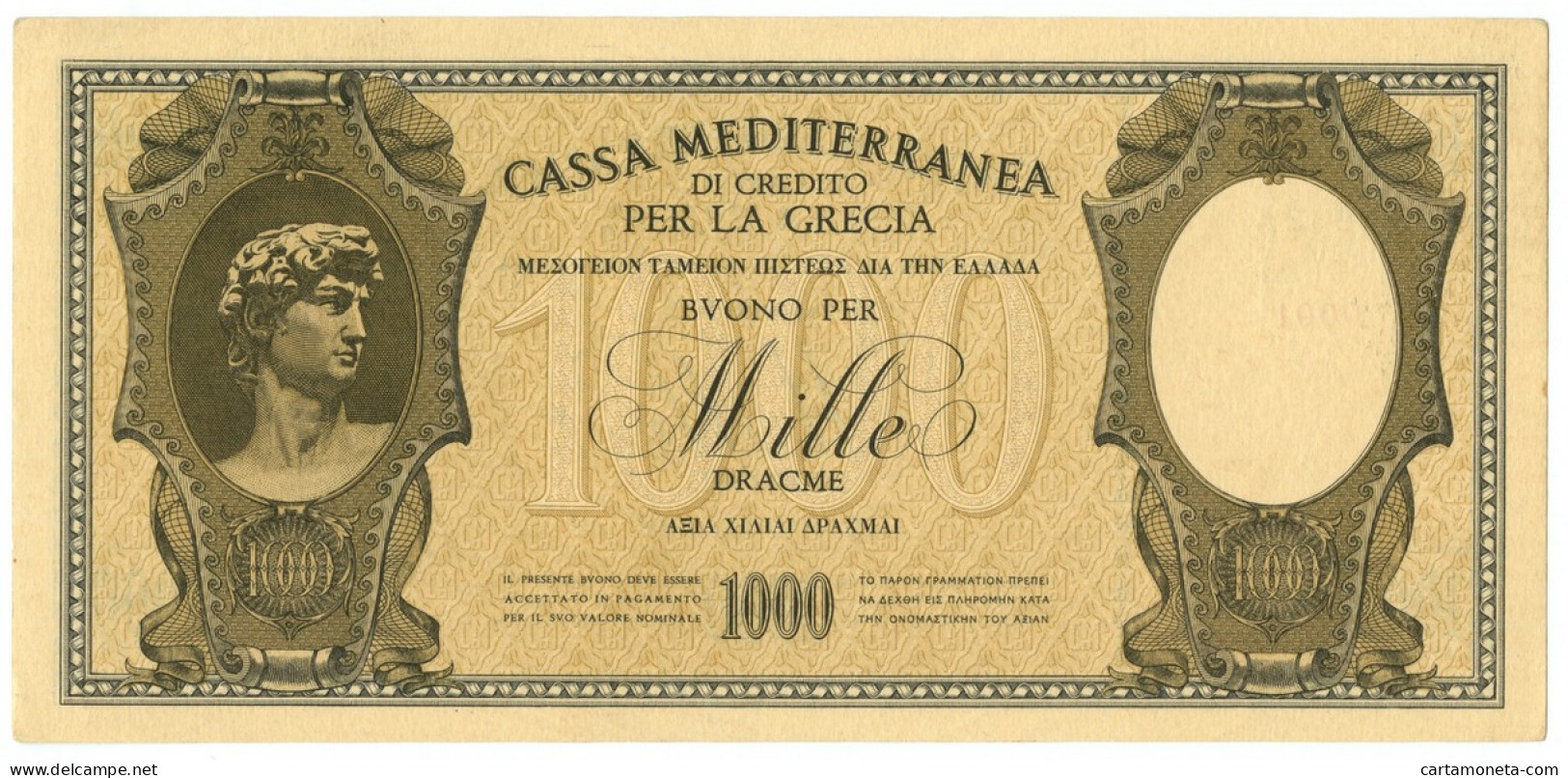 1000 DRACME CASSA MEDITERRANEA DI CREDITO PER LA GRECIA 1941 SUP - Other & Unclassified