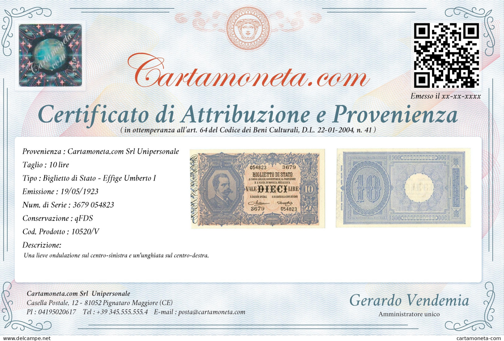 10 LIRE BIGLIETTO DI STATO EFFIGE UMBERTO I 19/05/1923 QFDS - Regno D'Italia - Altri